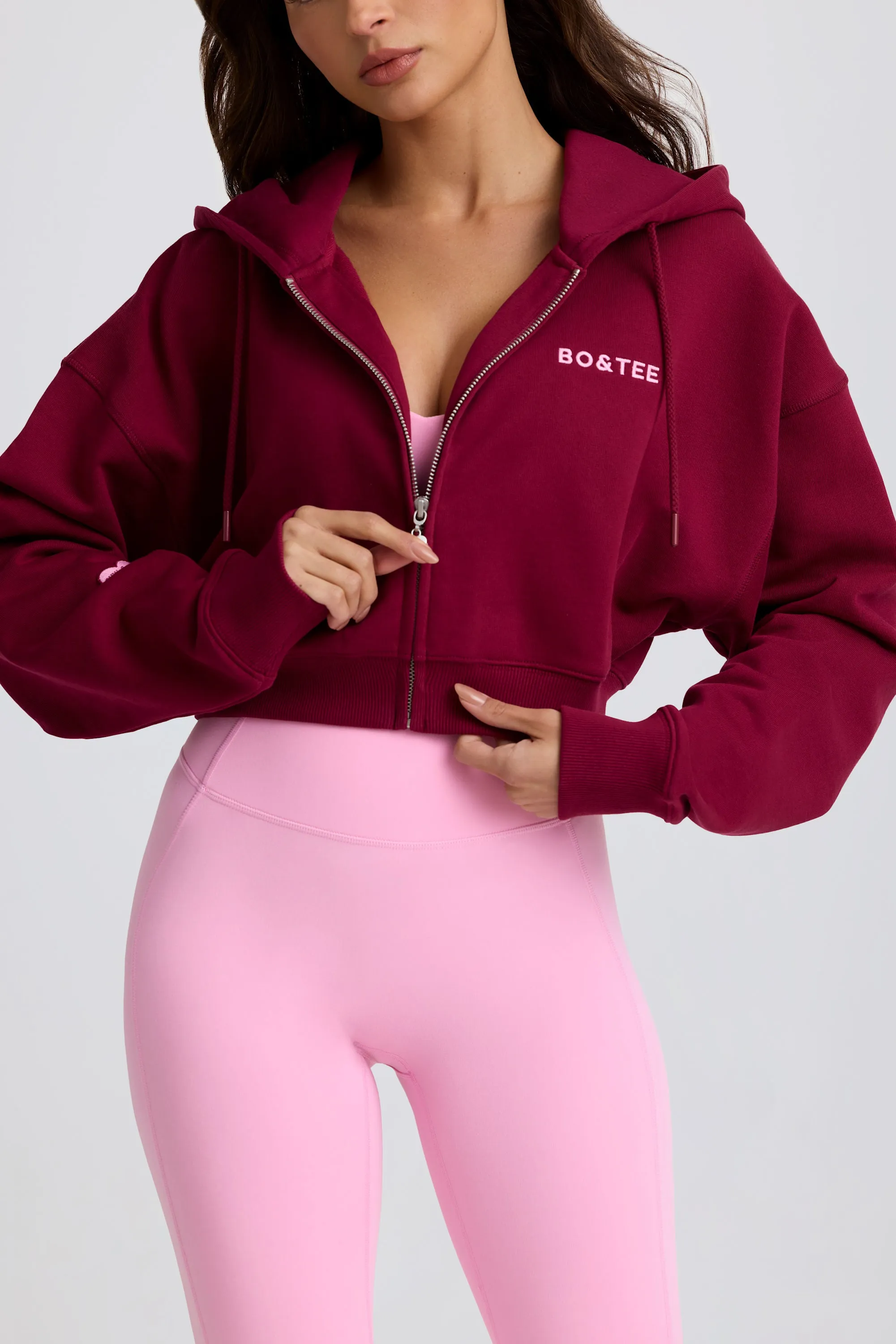 Cropped Zip-Up Hoodie in Burgundy sold by Oh Polly product image thumbnail 4