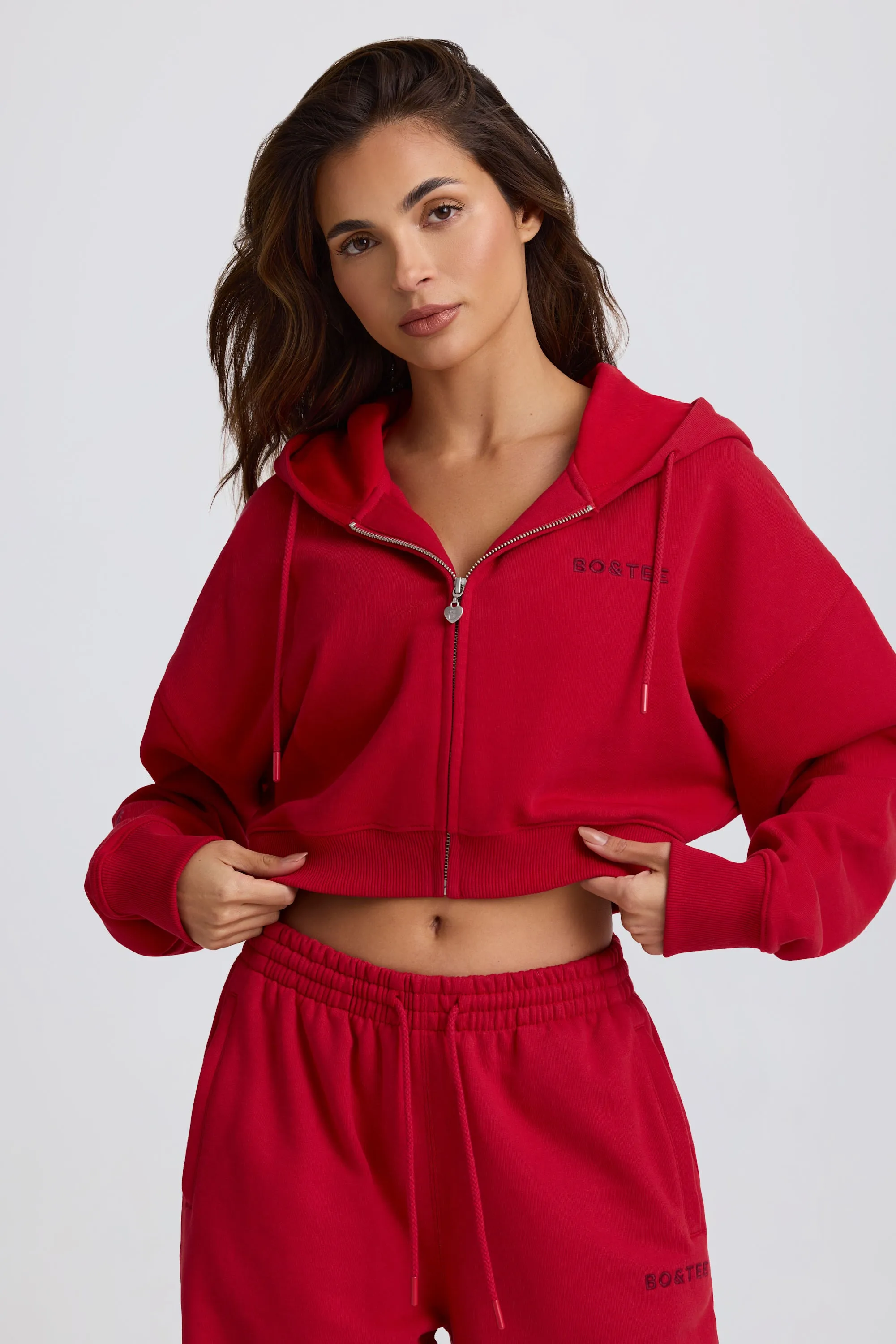 Cropped Zip-Up Hoodie in Hot Red sold by Oh Polly