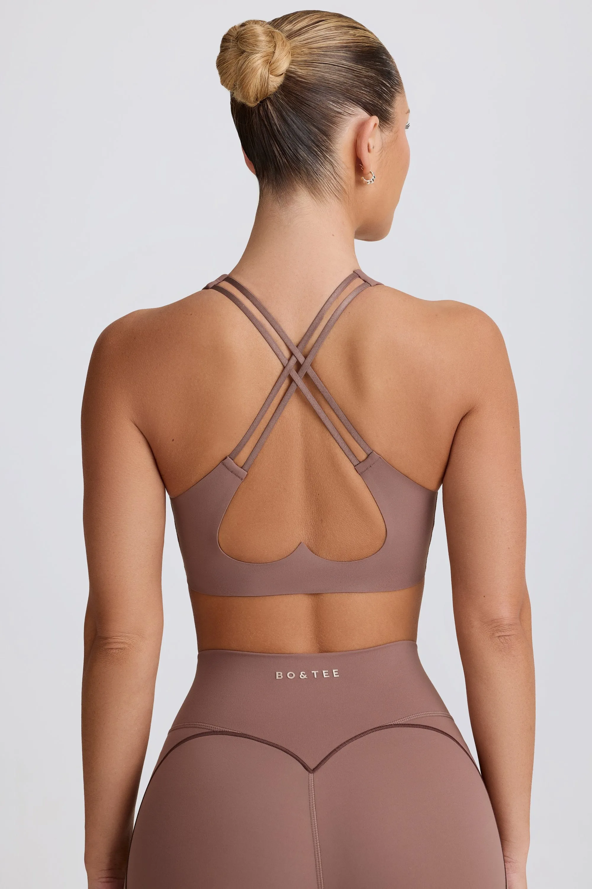 Soft Active V-Neck Sports Bra in Mocha sold by Oh Polly