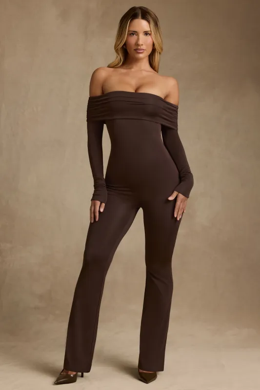Modal Off-Shoulder Jumpsuit in Chocolate Brown sold by Oh Polly