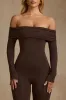 Modal Off-Shoulder Jumpsuit in Chocolate Brown sold by Oh Polly