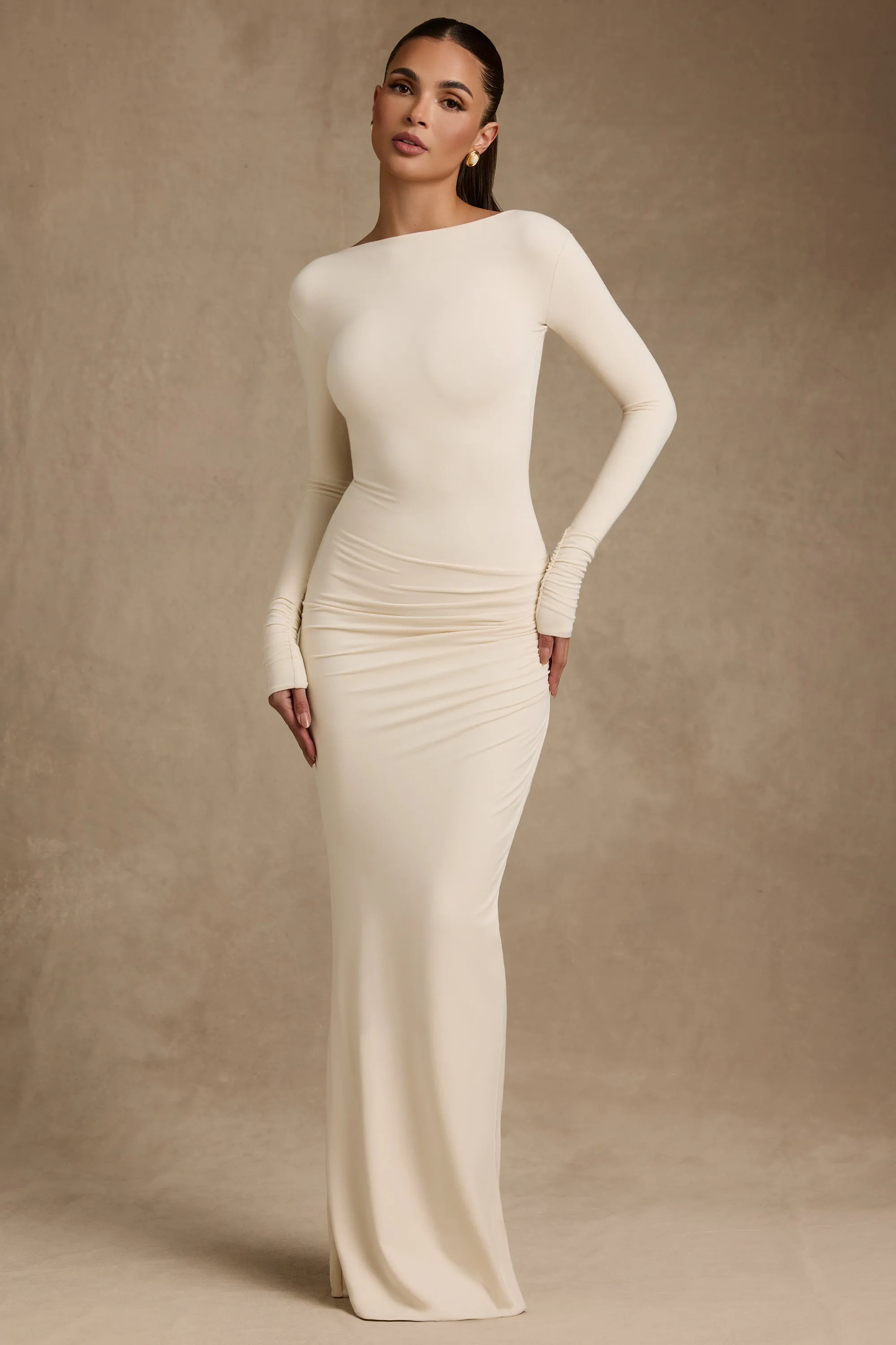 Modal Ruched Backless Maxi Dress in Ivory sold by Oh Polly