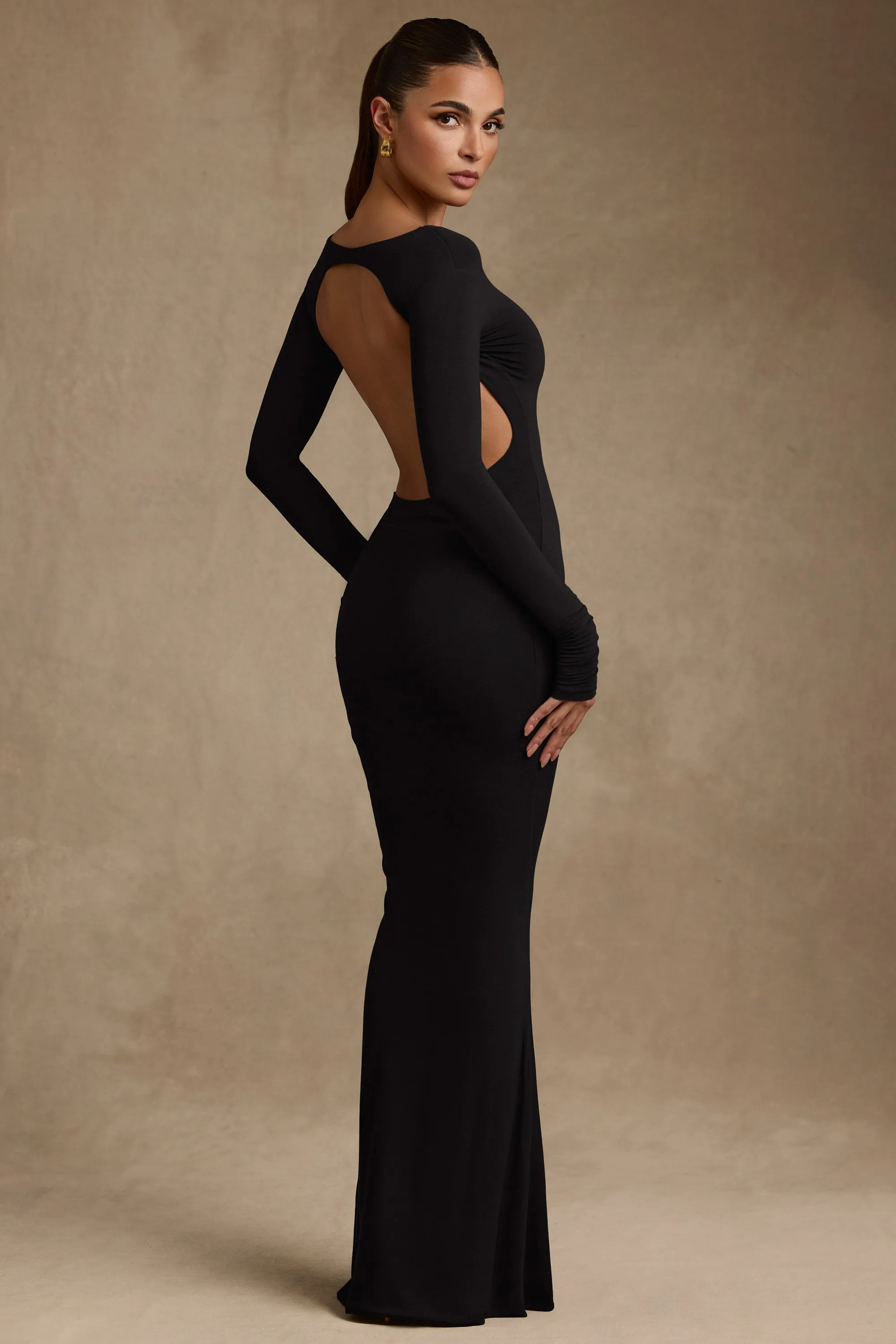 Modal Ruched Backless Maxi Dress in Black sold by Oh Polly