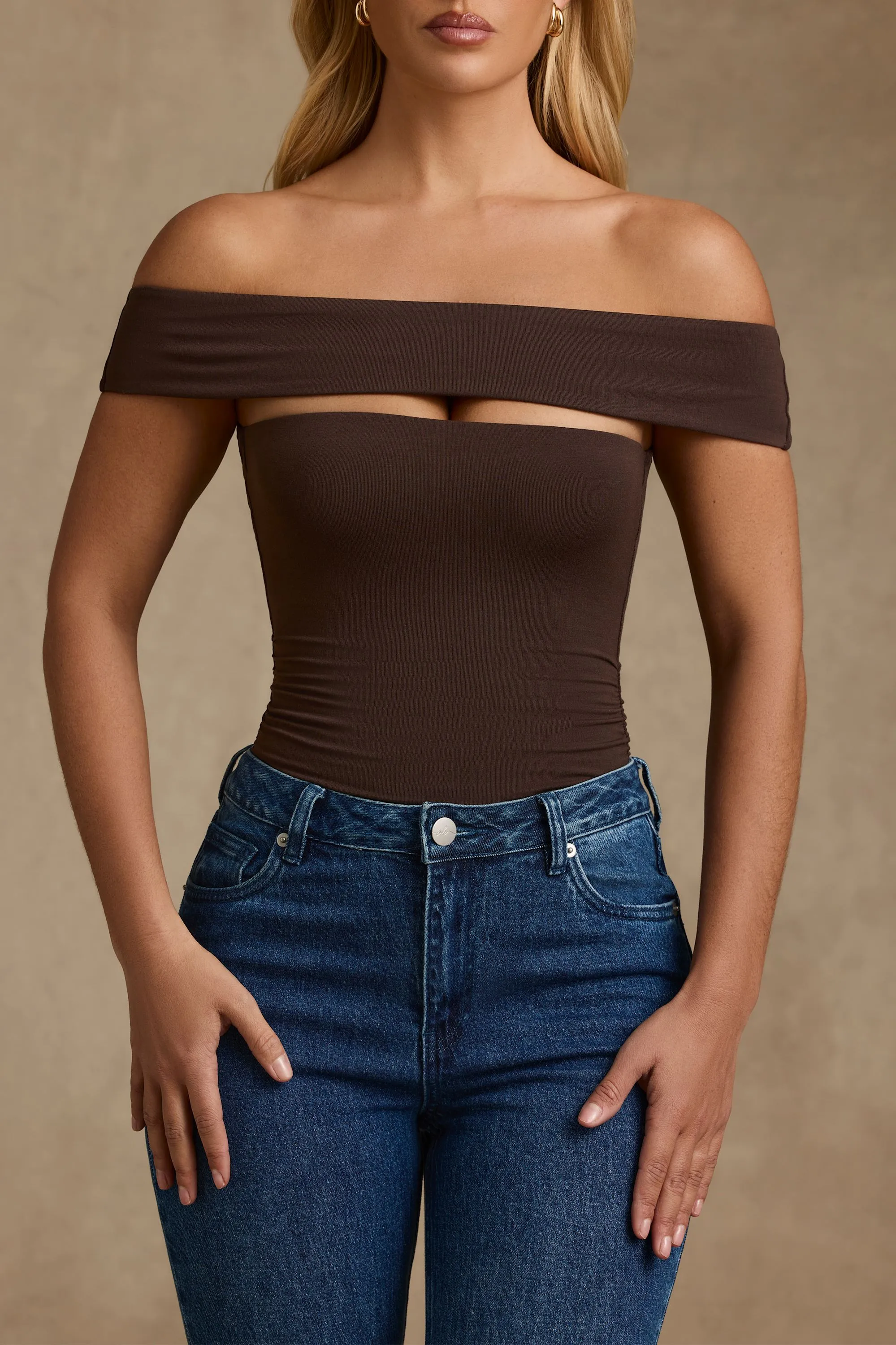 Modal Cut-Out Off-Shoulder Bodysuit in Chocolate Brown sold by Oh Polly product image thumbnail 5