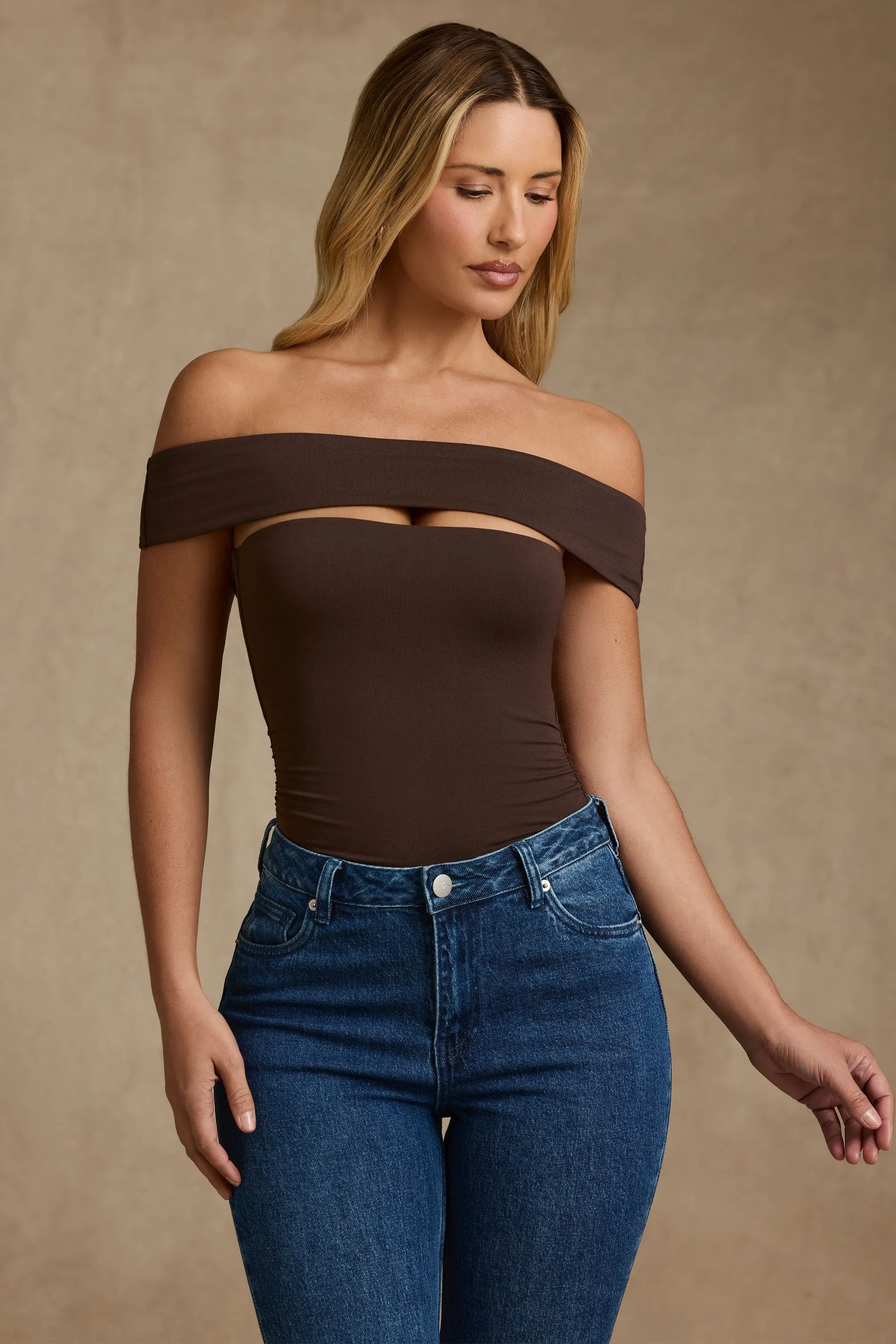 Modal Cut-Out Off-Shoulder Bodysuit in Chocolate Brown sold by Oh Polly