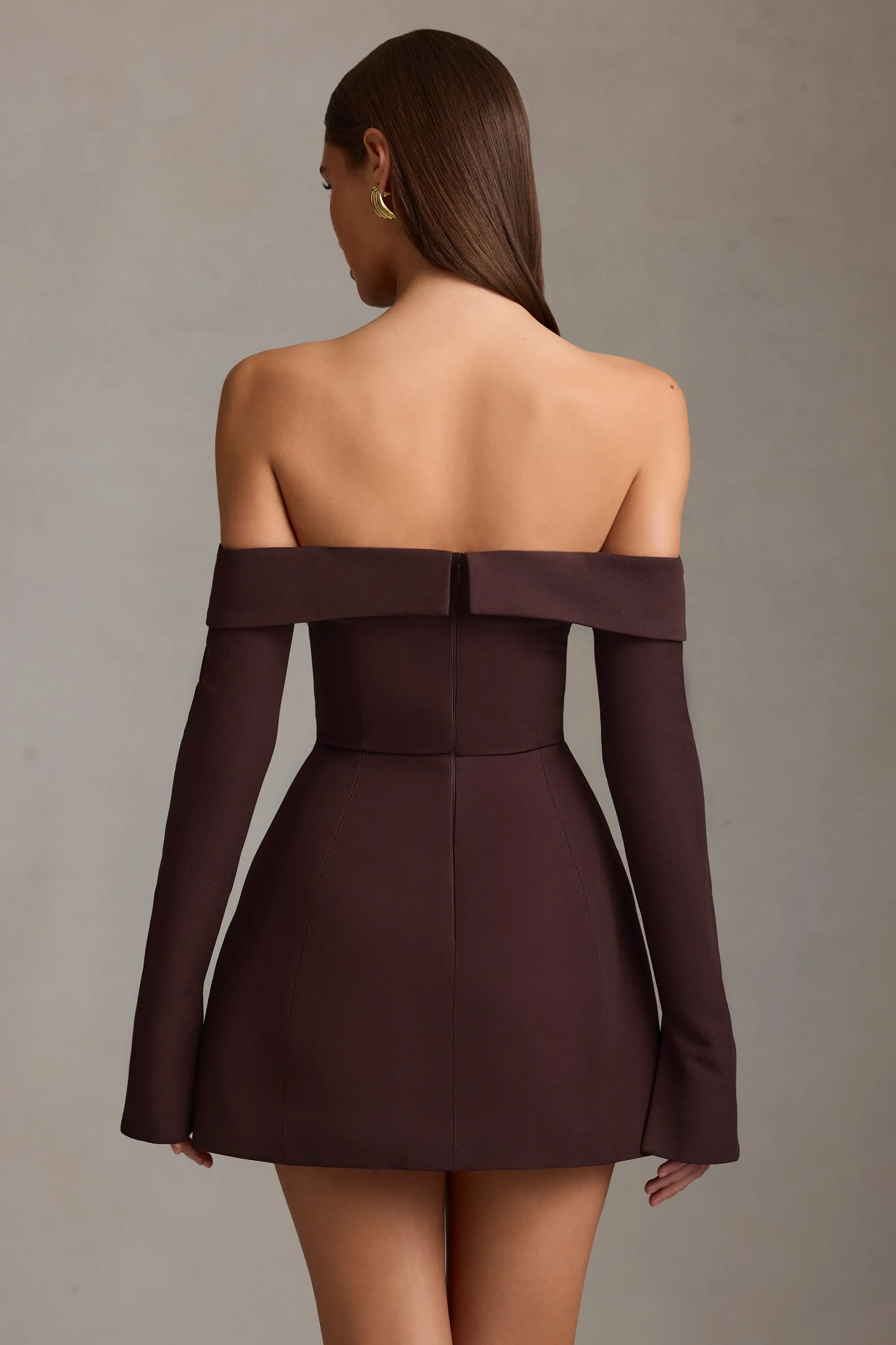 Off-Shoulder Structured A-Line Mini Dress in Chocolate Brown sold by Oh Polly product image thumbnail 3