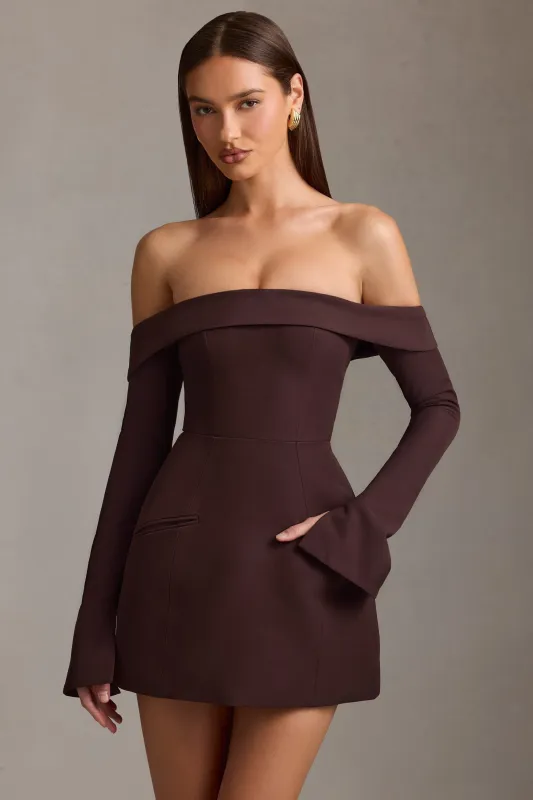 Off-Shoulder Structured A-Line Mini Dress in Chocolate Brown sold by Oh Polly
