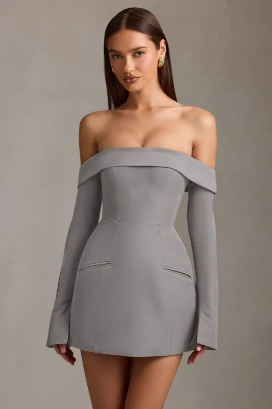Off-Shoulder Structured A-Line Mini Dress in Grey sold by Oh Polly