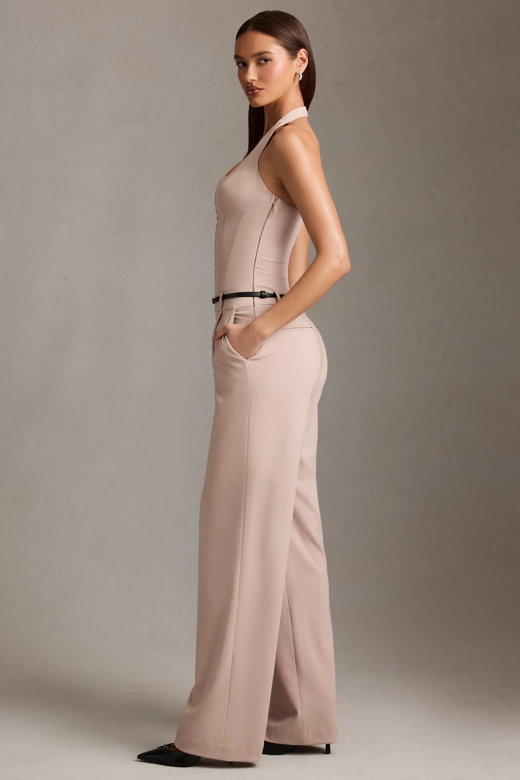 Corset-Detail Halterneck Jumpsuit in Mushroom sold by Oh Polly product image thumbnail 3