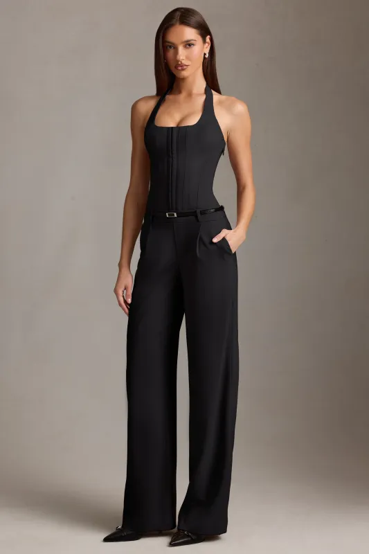 Corset-Detail Halterneck Jumpsuit in Black sold by Oh Polly