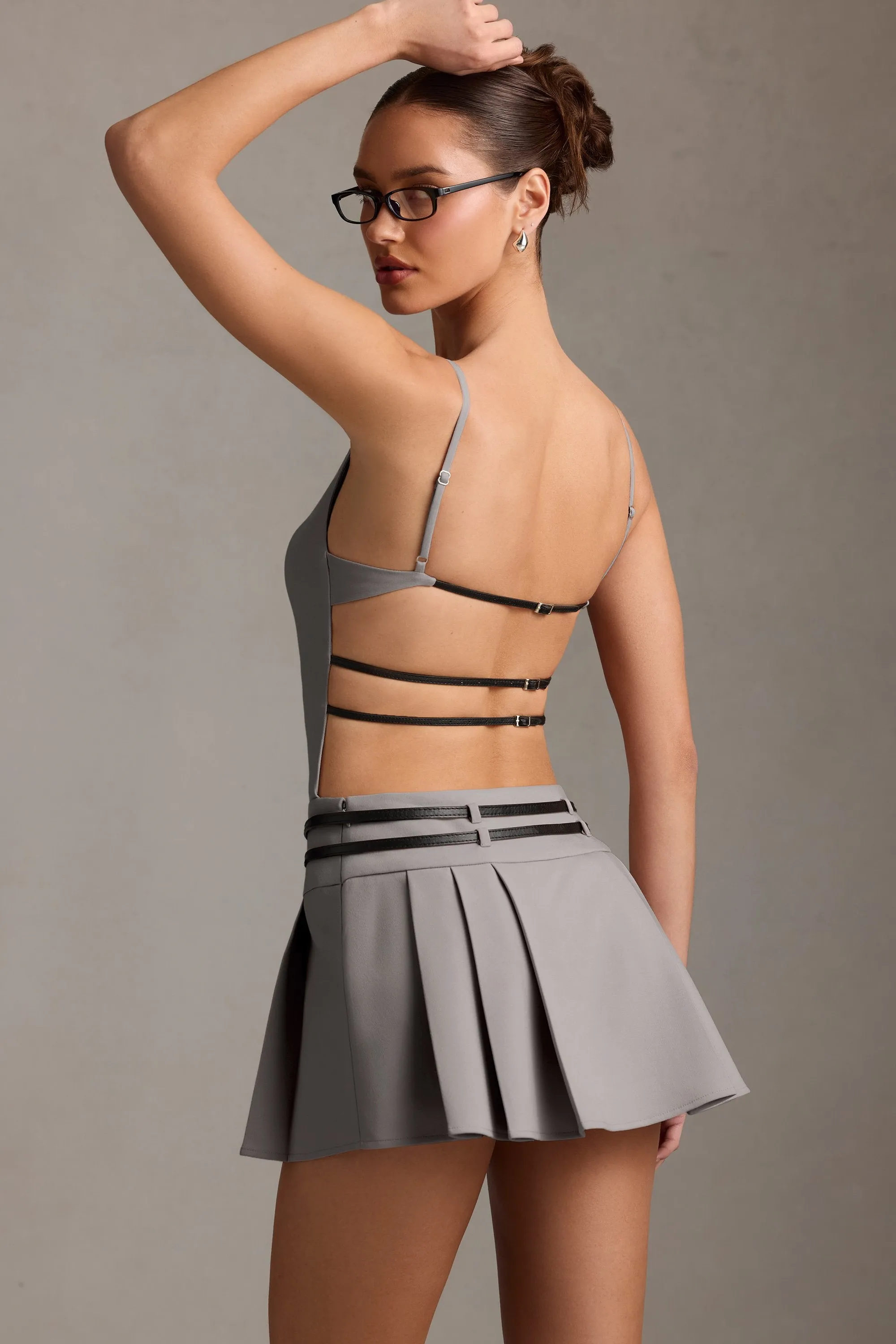 Belted Backless Pleated Mini Dress in Grey sold by Oh Polly product image thumbnail 2