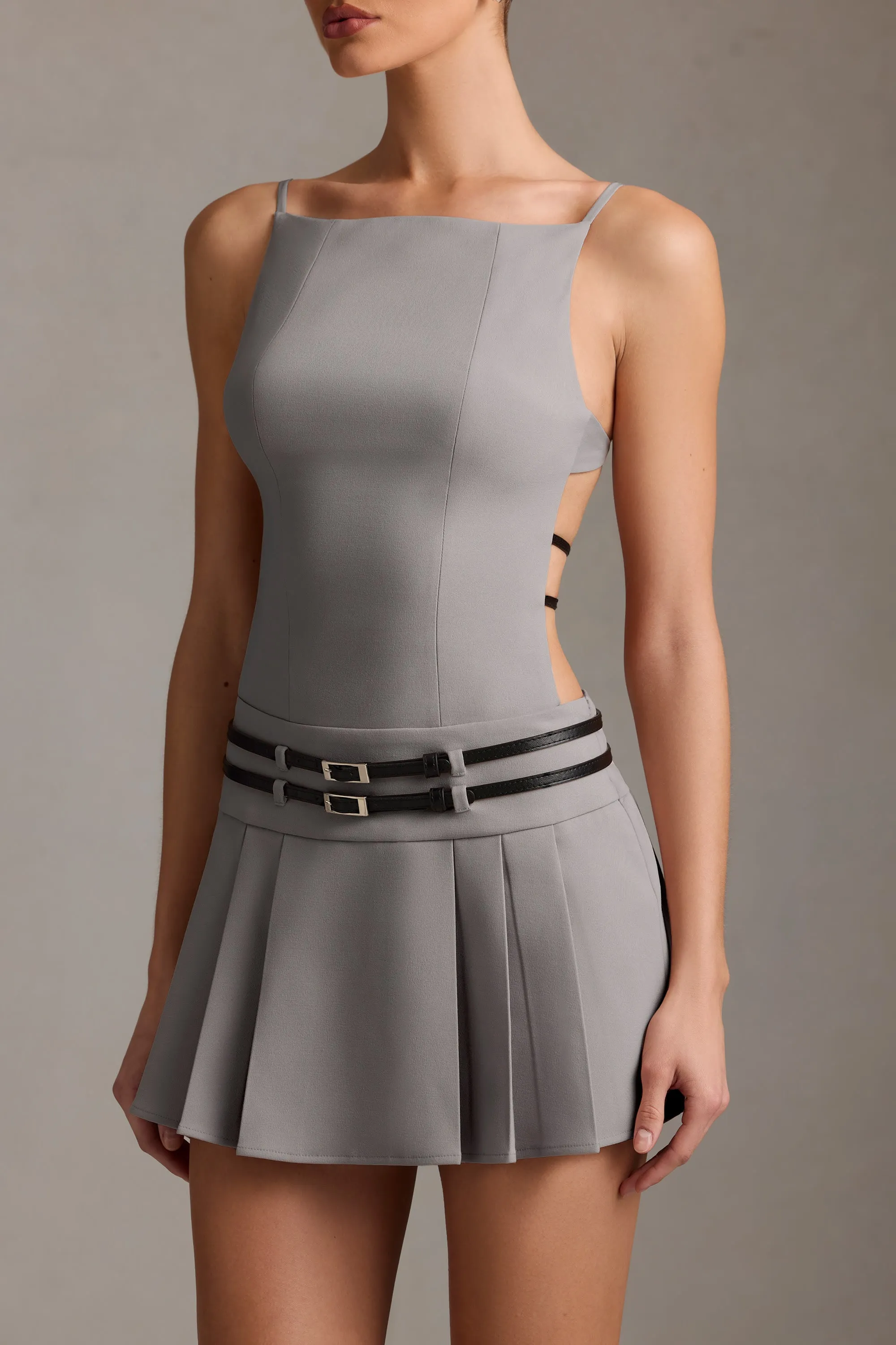 Belted Backless Pleated Mini Dress in Grey sold by Oh Polly product image thumbnail 4