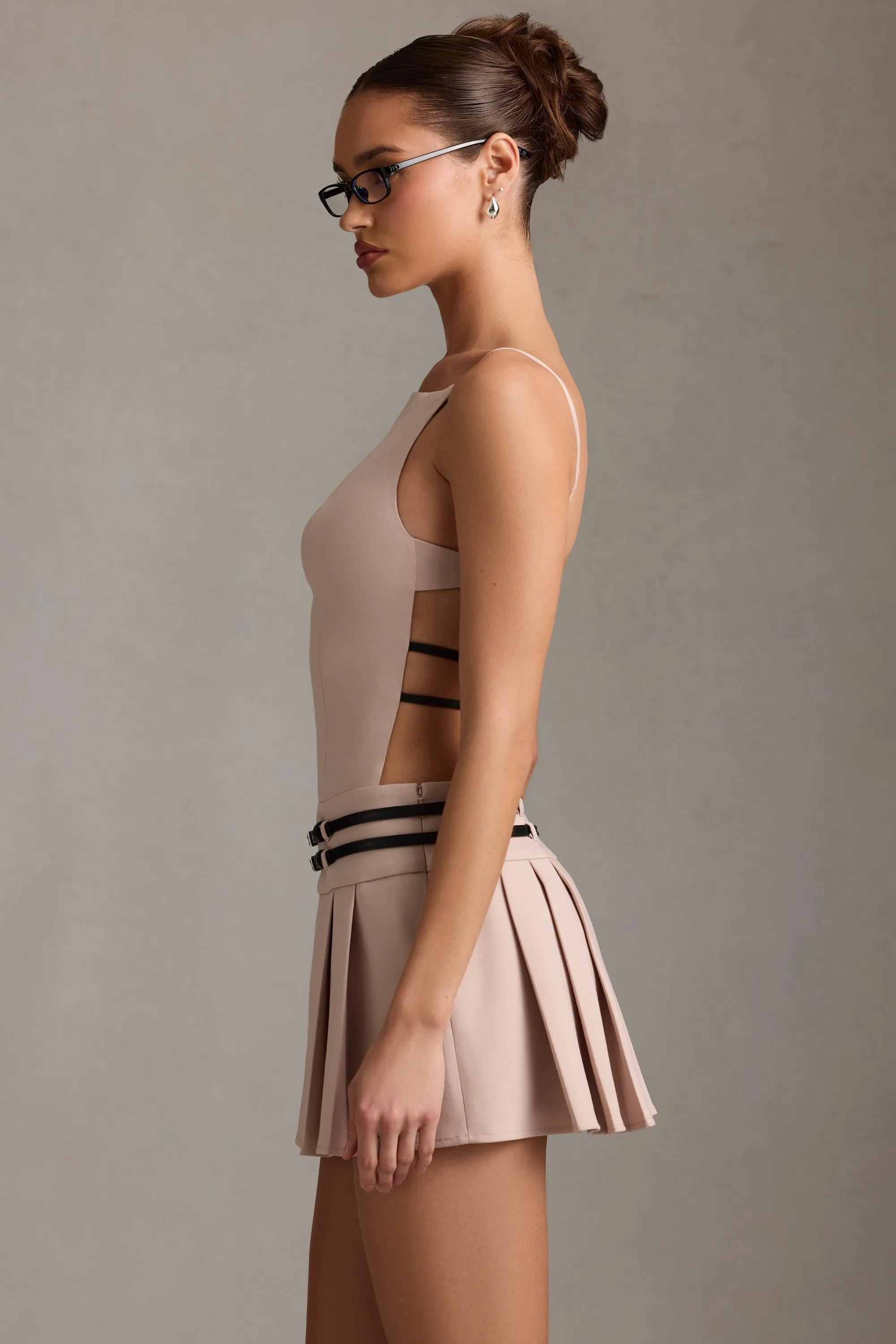 Belted Backless Pleated Mini Dress in Mushroom sold by Oh Polly product image thumbnail 3