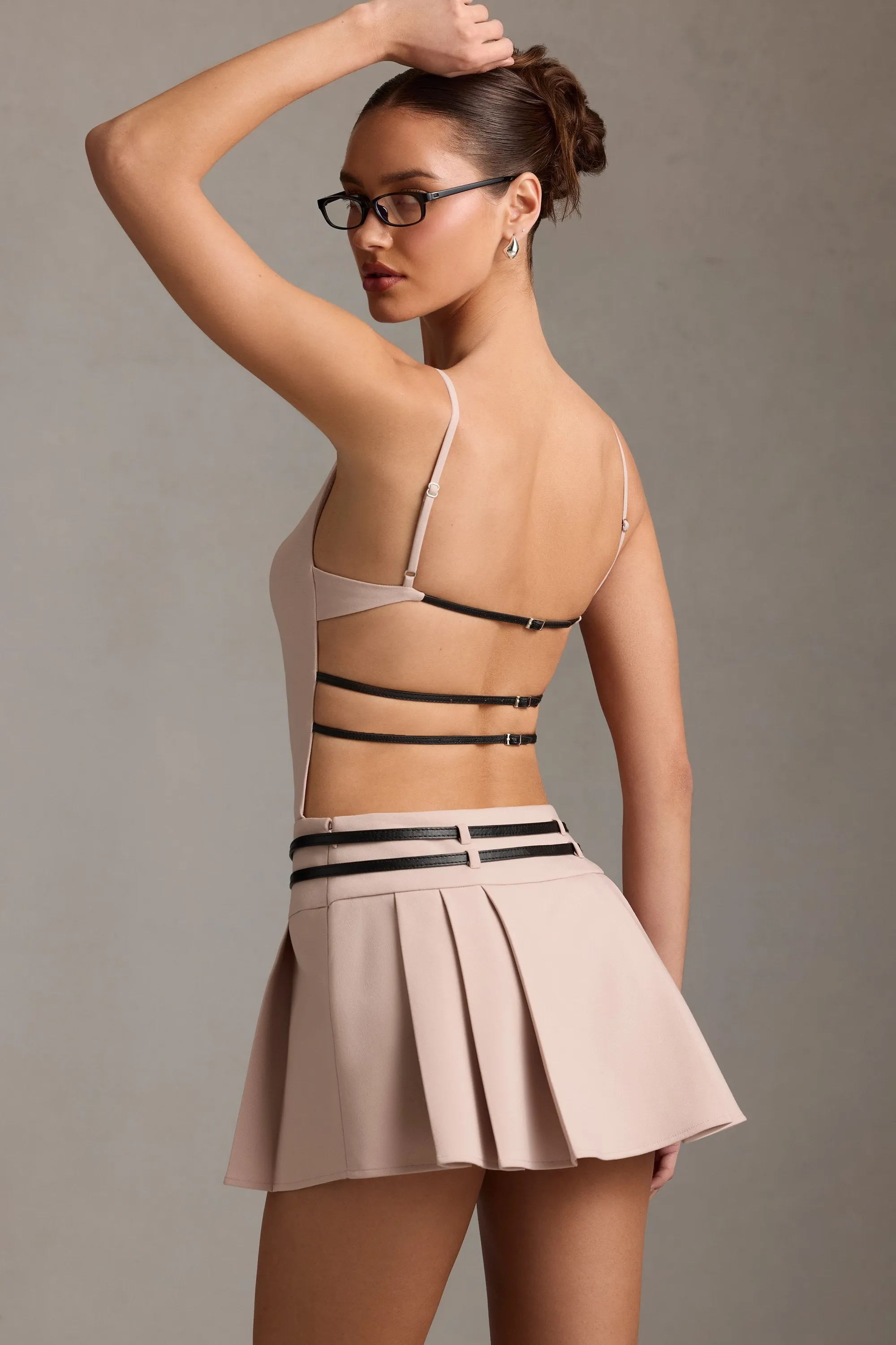 Belted Backless Pleated Mini Dress in Mushroom sold by Oh Polly product image thumbnail 2