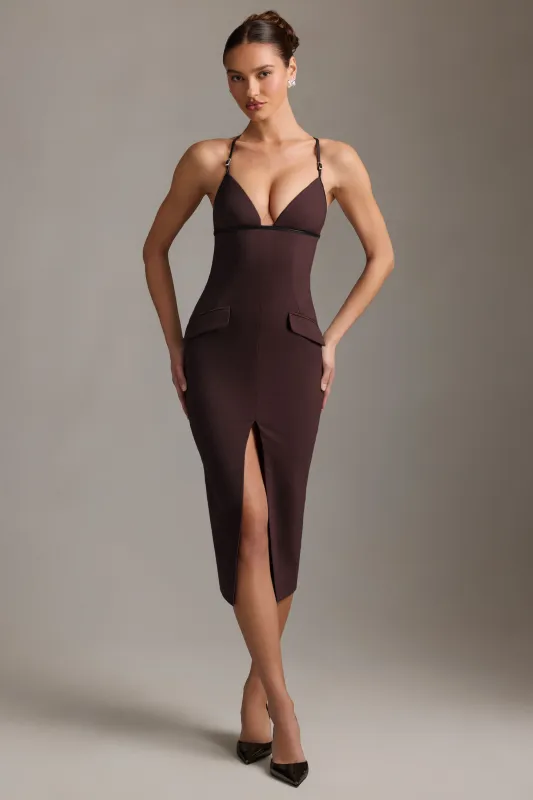 Plunge-Neck Backless Midaxi Dress in Chocolate Brown sold by Oh Polly