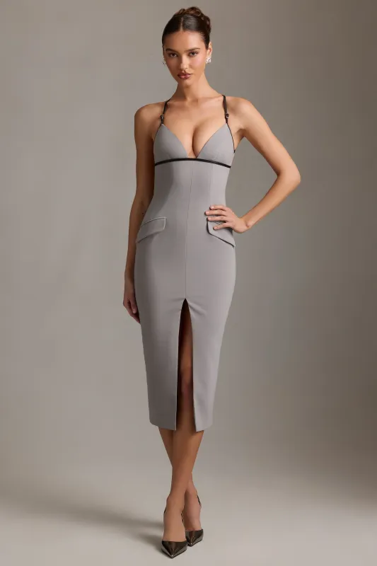Plunge-Neck Backless Midaxi Dress in Grey sold by Oh Polly