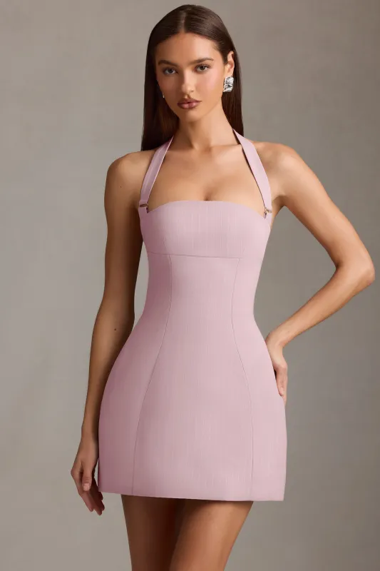 Pinstripe Halterneck Structured A-Line Mini Dress in Mauve sold by Oh Polly