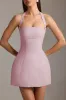 Pinstripe Halterneck Structured A-Line Mini Dress in Mauve sold by Oh Polly