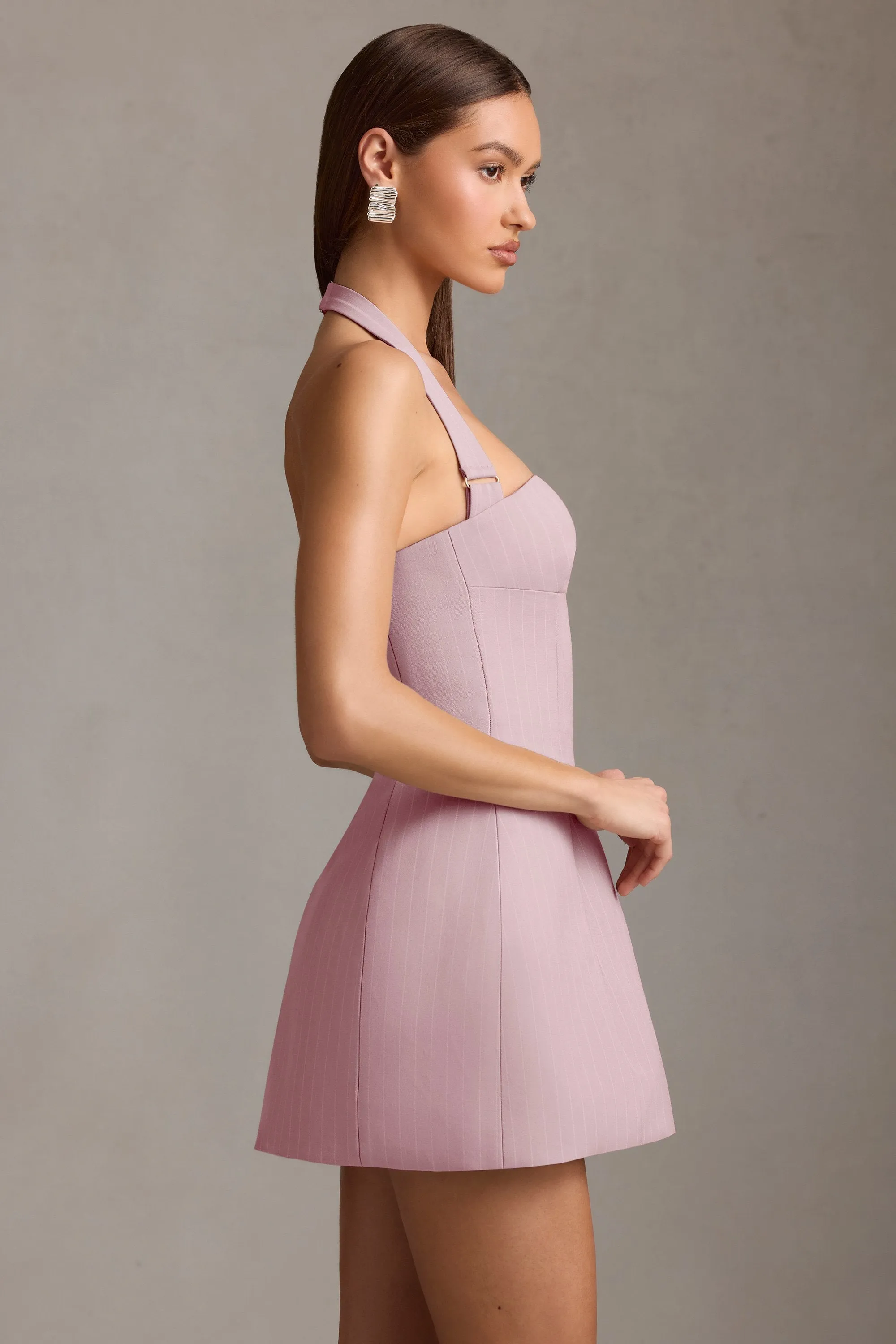 Pinstripe Halterneck Structured A-Line Mini Dress in Mauve sold by Oh Polly product image thumbnail 4