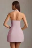 Pinstripe Halterneck Structured A-Line Mini Dress in Mauve sold by Oh Polly