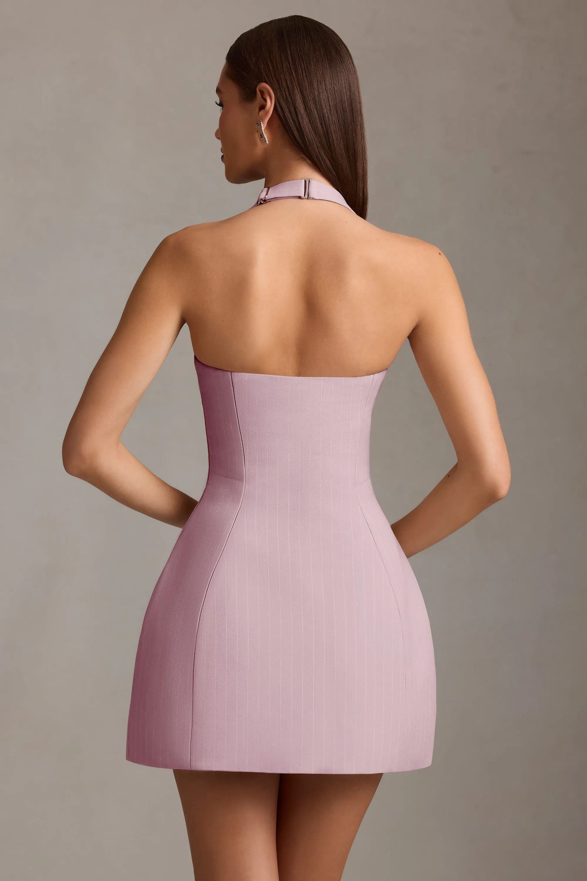 Pinstripe Halterneck Structured A-Line Mini Dress in Mauve sold by Oh Polly product image thumbnail 3