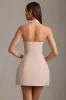 Pinstripe Halterneck Structured A-Line Mini Dress in Mushroom sold by Oh Polly