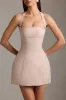 Pinstripe Halterneck Structured A-Line Mini Dress in Mushroom sold by Oh Polly