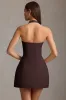 Pinstripe Halterneck Structured A-Line Mini Dress in Chocolate Brown sold by Oh Polly