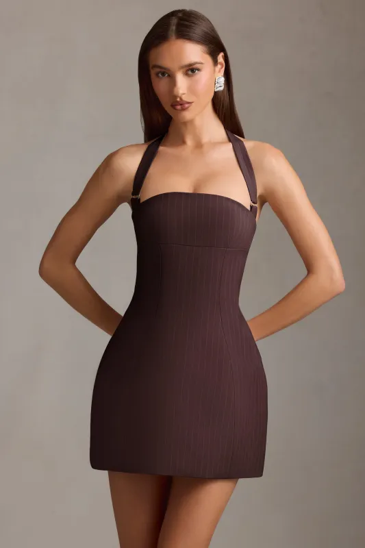 Pinstripe Halterneck Structured A-Line Mini Dress in Chocolate Brown sold by Oh Polly