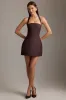 Pinstripe Halterneck Structured A-Line Mini Dress in Chocolate Brown sold by Oh Polly