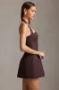 Pinstripe Halterneck Structured A-Line Mini Dress in Chocolate Brown sold by Oh Polly