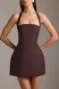 Pinstripe Halterneck Structured A-Line Mini Dress in Chocolate Brown sold by Oh Polly