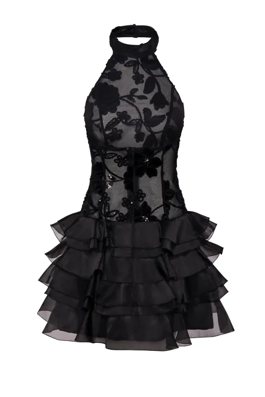Embellished Ruffled Halterneck Mini Dress in Black sold by Oh Polly