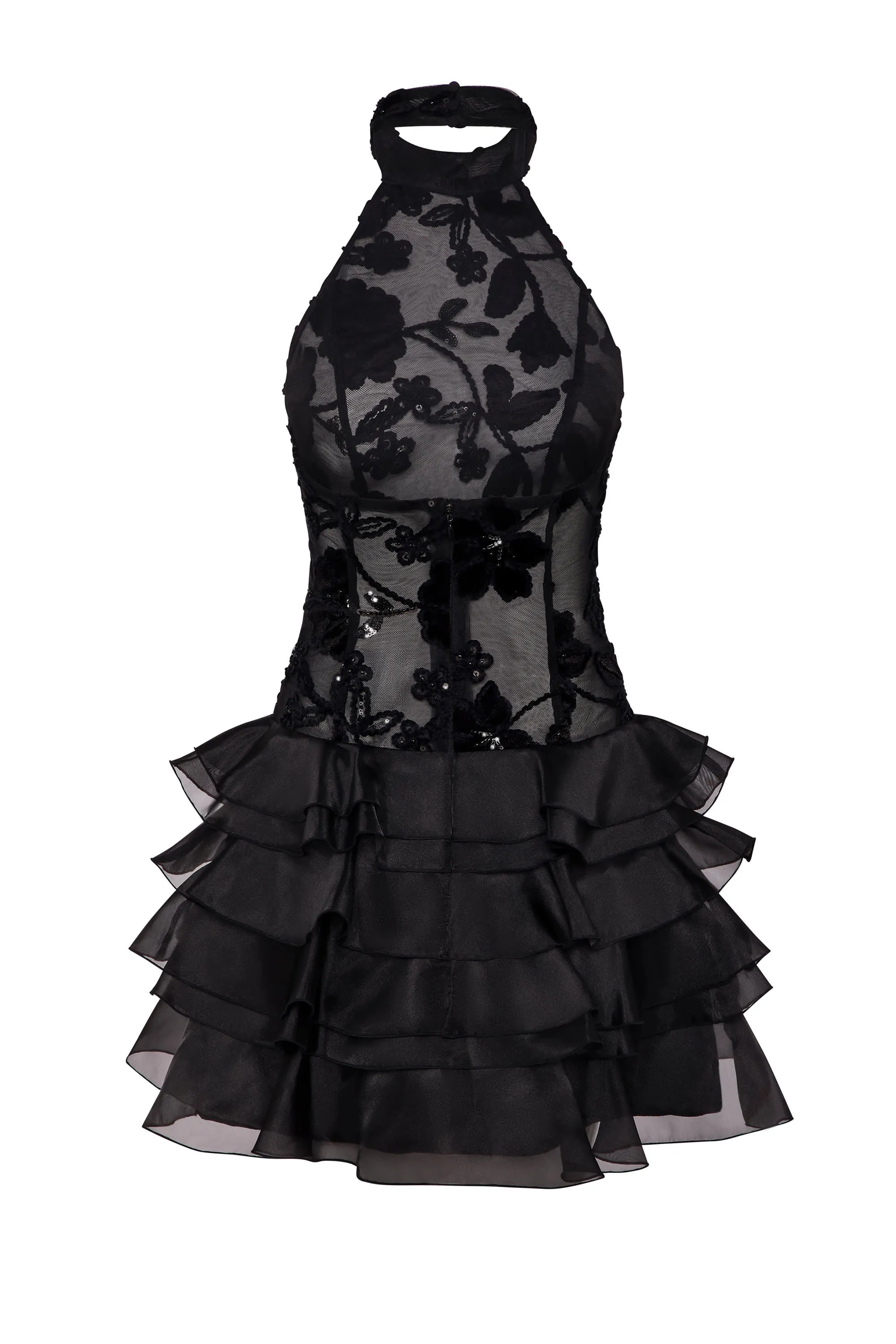 Embellished Ruffled Halterneck Mini Dress in Black sold by Oh Polly