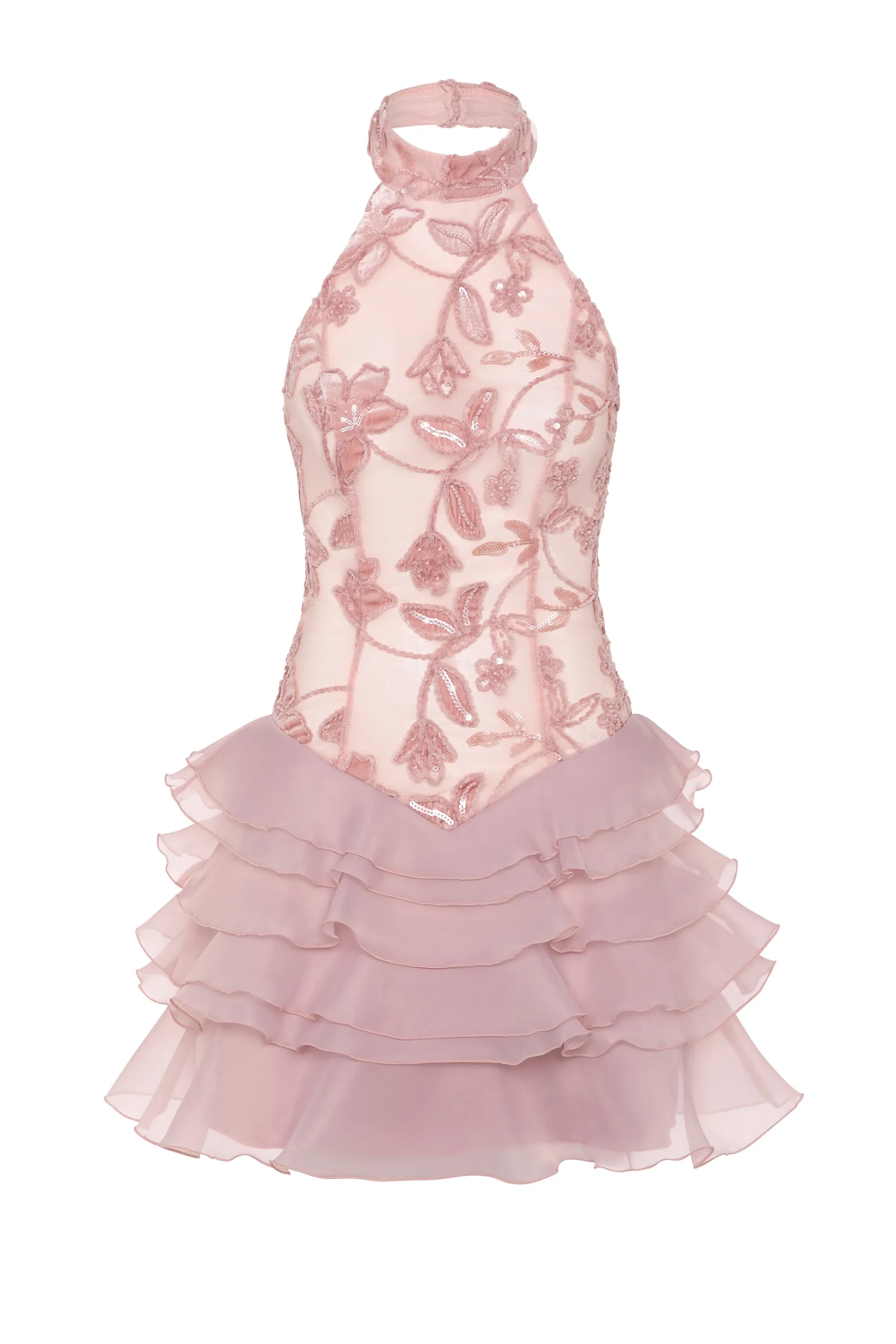 Embellished Ruffled Halterneck Mini Dress in Dusty Rose sold by Oh Polly