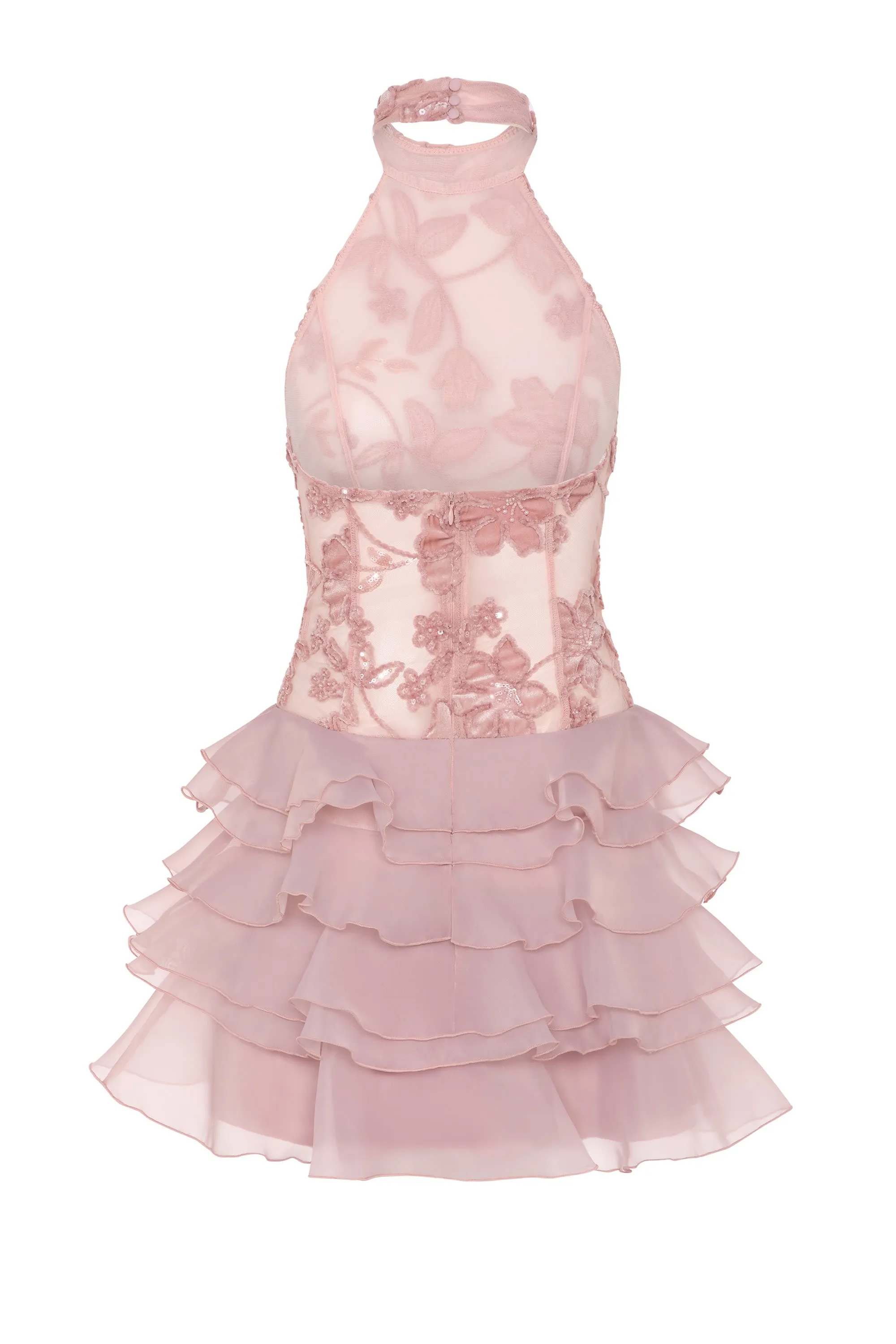 Embellished Ruffled Halterneck Mini Dress in Dusty Rose sold by Oh Polly product image thumbnail 2