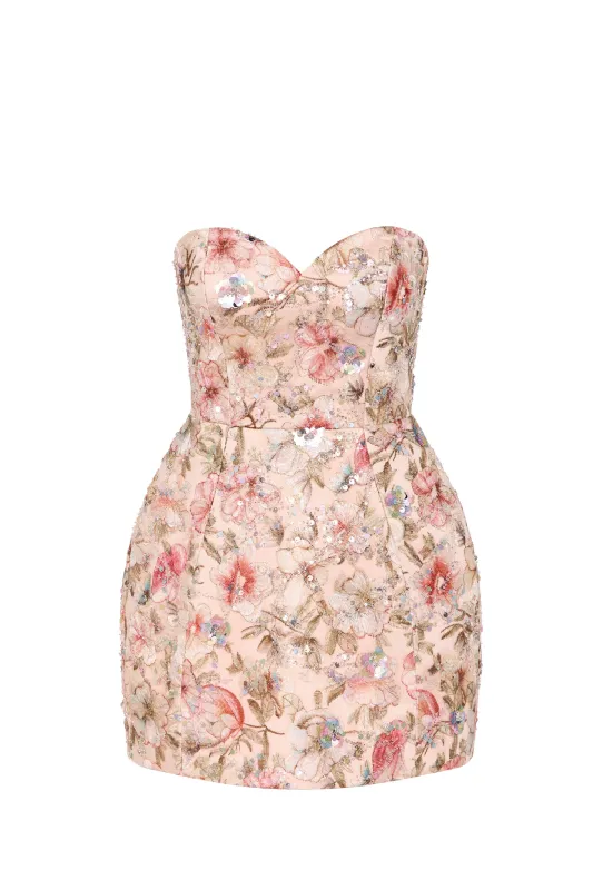 Embellished Strapless A-Line Mini Dress in Floral Beige sold by Oh Polly