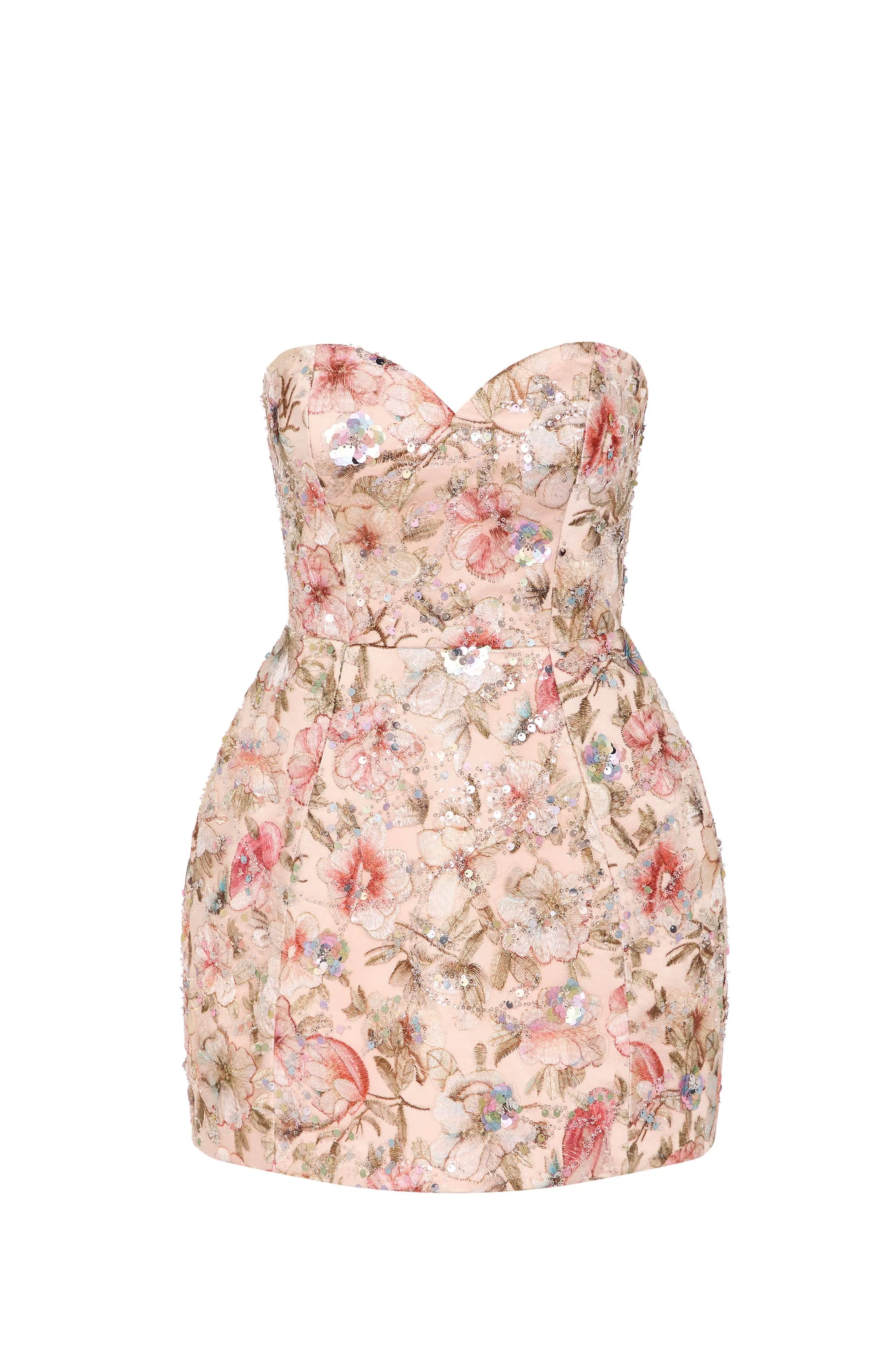 Embellished Strapless A-Line Mini Dress in Floral Beige sold by Oh Polly