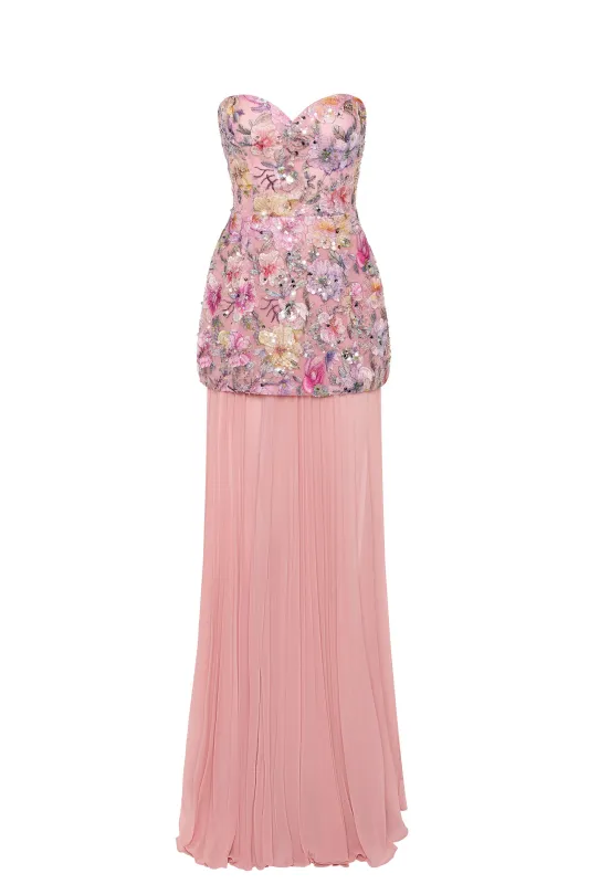 Embellished Convertible Lace-Up Gown in Floral Pink made by Oh Polly