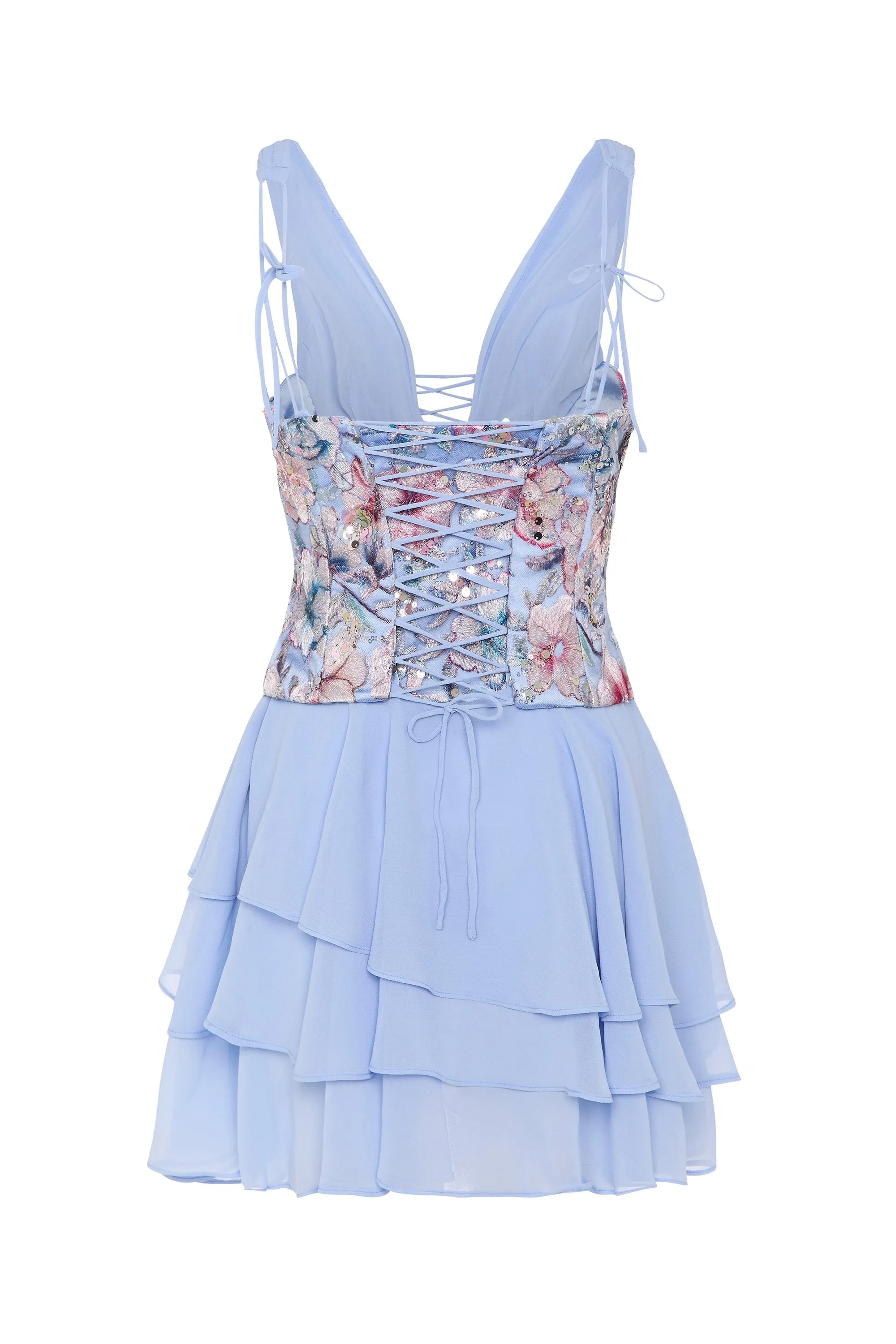 Embellished Ruffled Corset Mini Dress in Floral Blue sold by Oh Polly