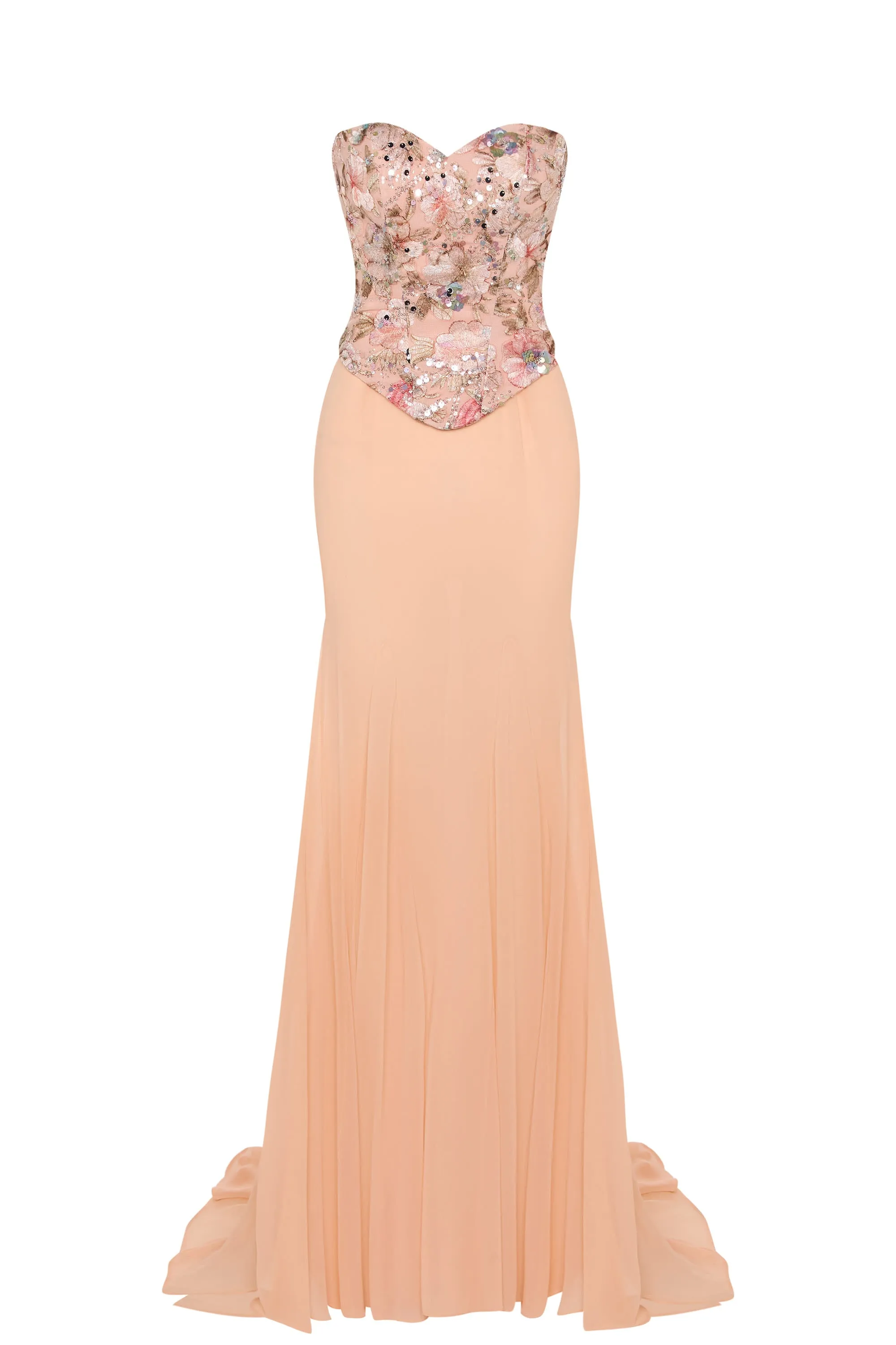 Embellished Corset Fishtail Gown in Floral Beige sold by Oh Polly