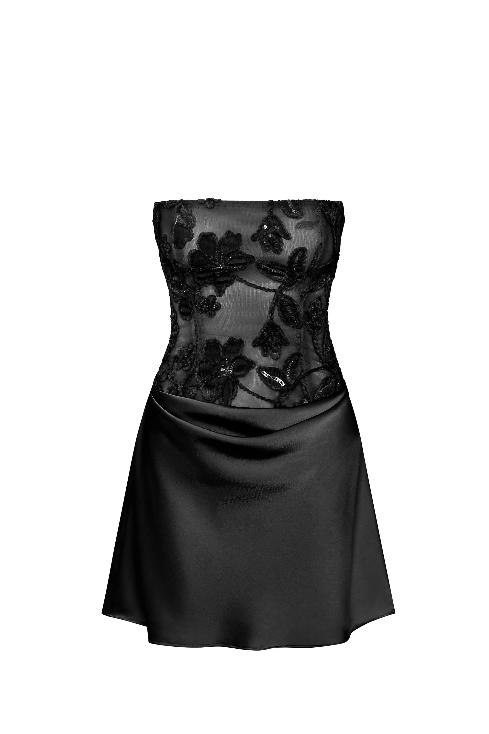 Embellished Draped Strapless A-Line Mini Dress in Black sold by Oh Polly