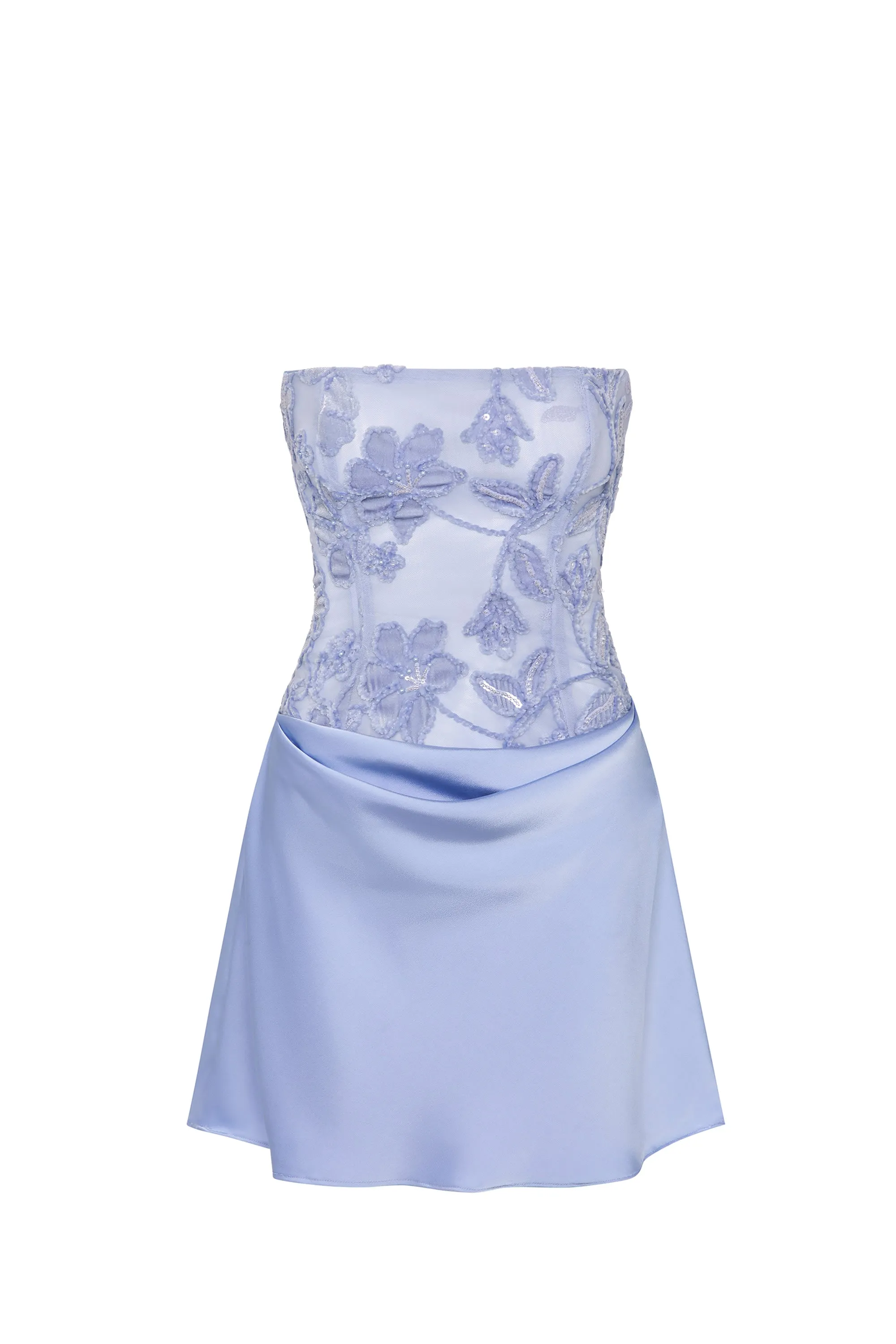 Embellished Draped Strapless A-Line Mini Dress in Sky Blue sold by Oh Polly