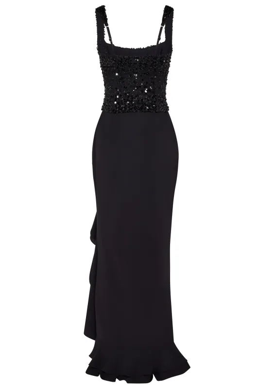 Embellished Ruffle-Trim Corset Gown in Black sold by Oh Polly