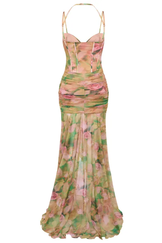 Ruched Asymmetric Corset Gown in Floral Multi Print sold by Oh Polly