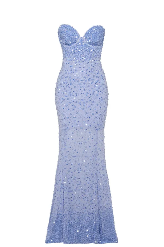 Embellished Sweetheart-Neck Fishtail Gown in Sky Blue sold by Oh Polly