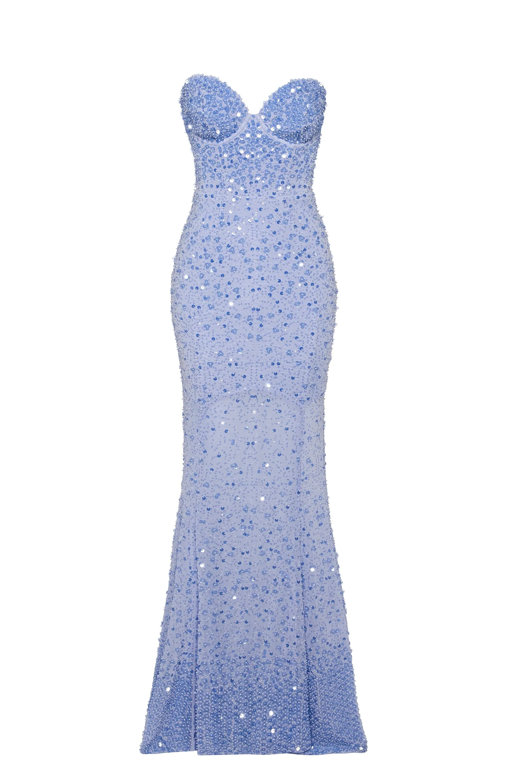 Embellished Sweetheart-Neck Fishtail Gown in Sky Blue sold by Oh Polly