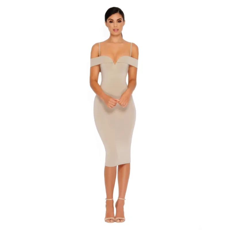 Bold Shoulder Double Layered Bardot Midi Dress in Stone made by Oh Polly