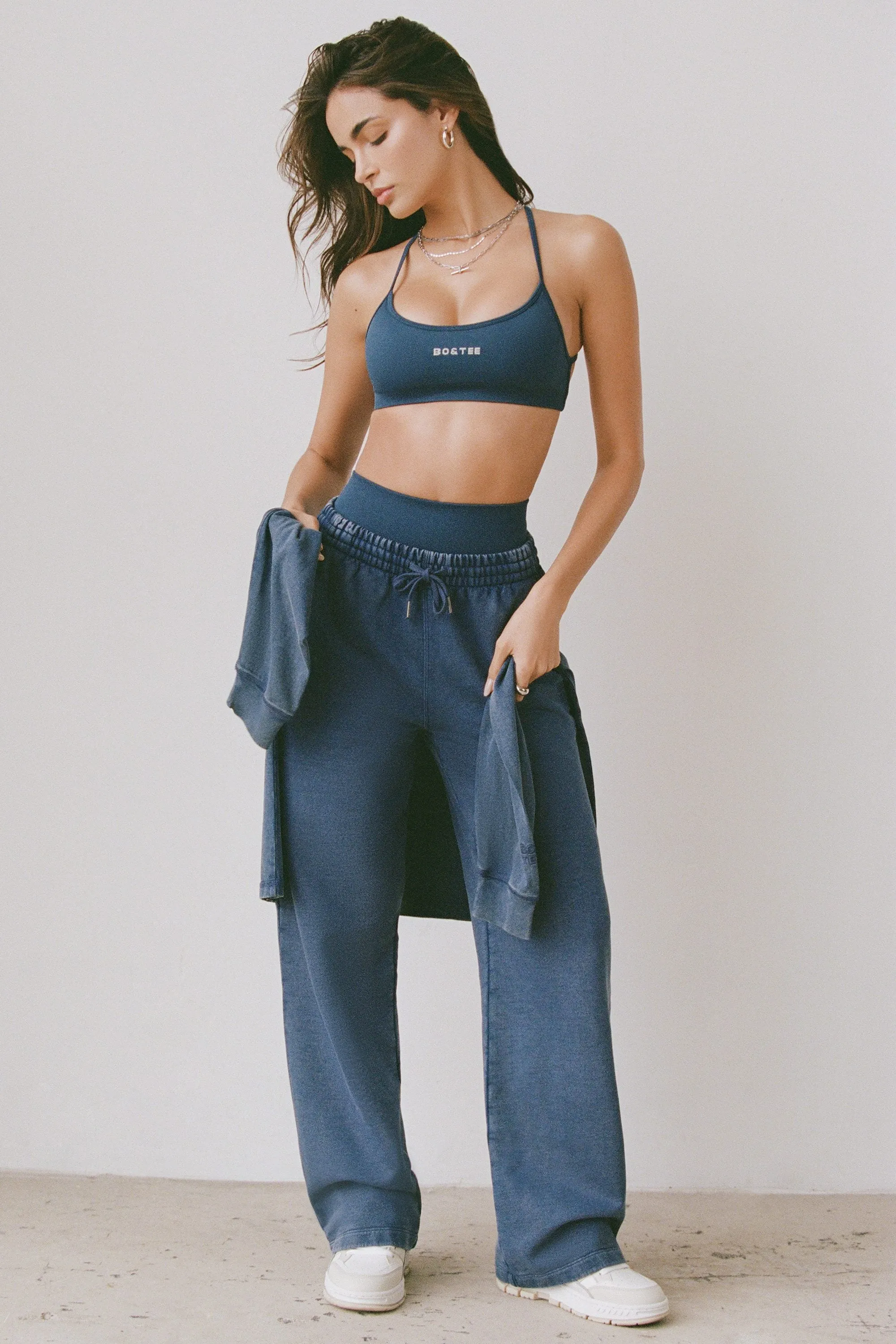 Cotton Jersey Acid Wash Mid-Rise Wide-Leg Joggers in Blue sold by Oh Polly