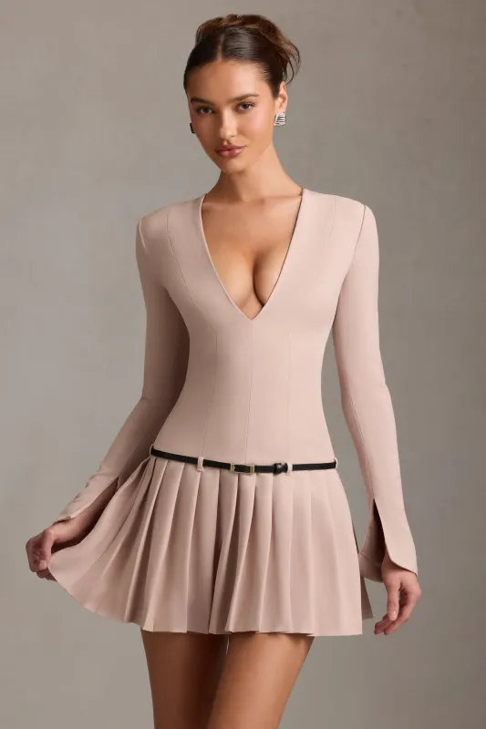 Long-Sleeve Pleated Mini Dress in Mushroom sold by Oh Polly